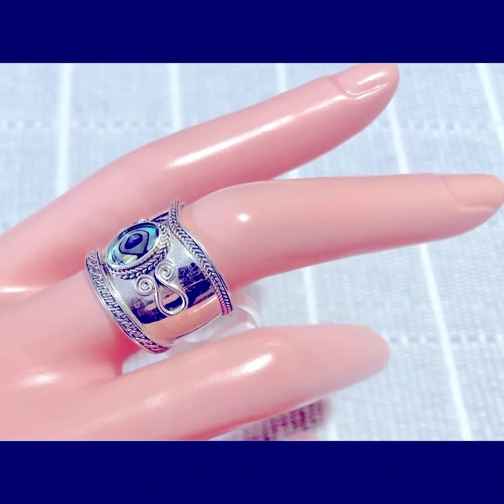 New Gorgeous 925 Silver Abalone Bali-Style Filigree Ring